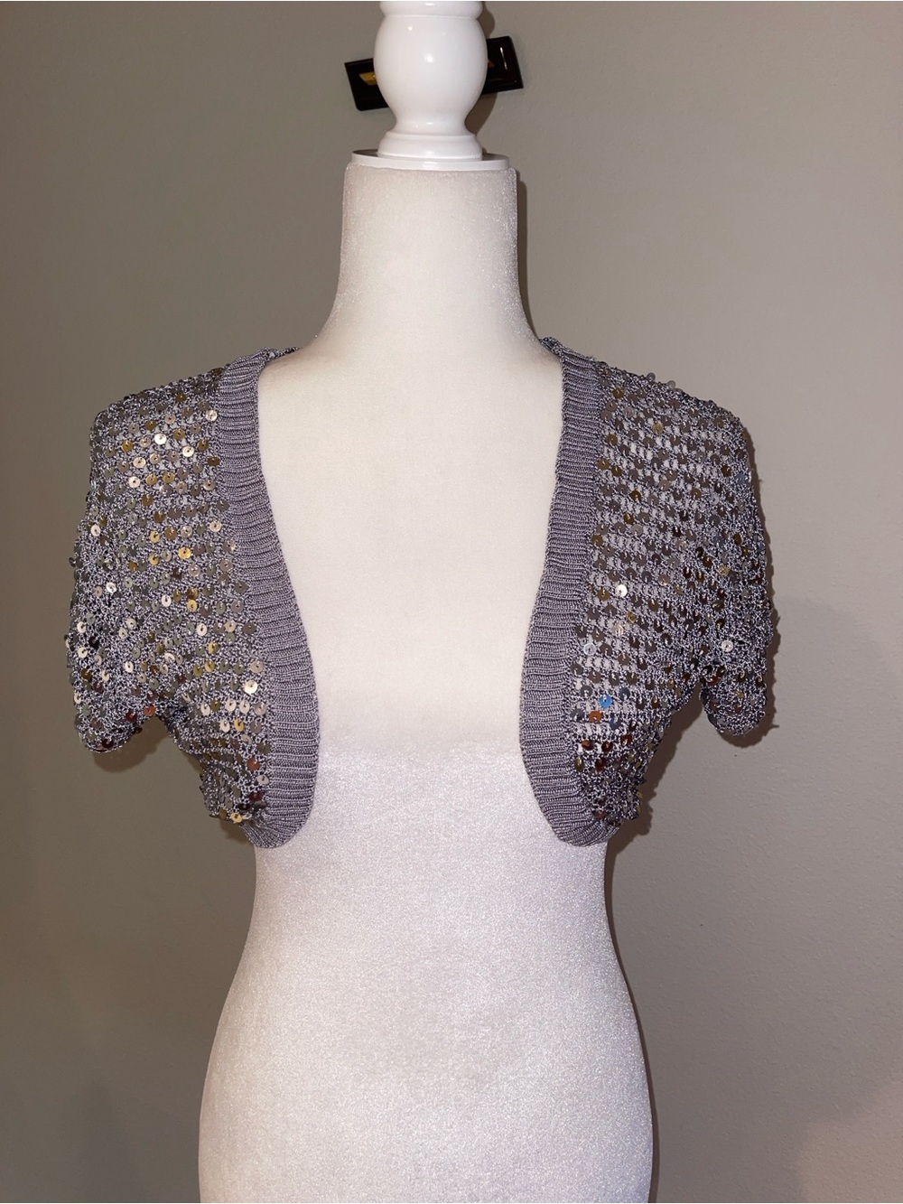Gray Sequin Short-Sleeve Open Bolero Sweater